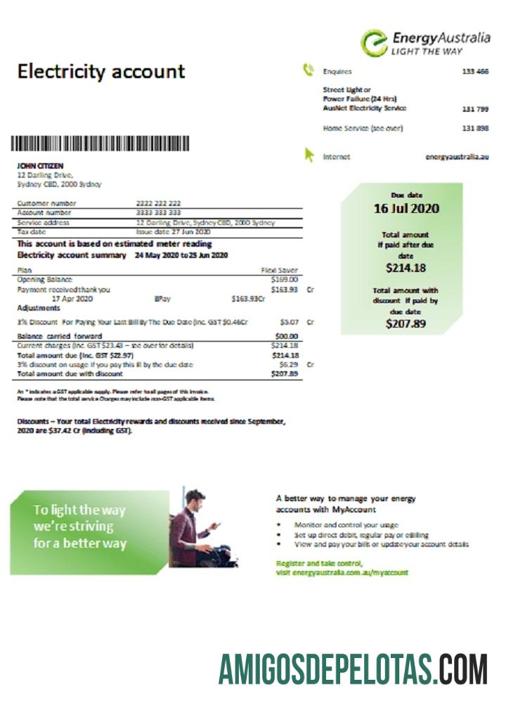 imprimível Modelo de conta de serviços públicos de eletricidade da Australia Energy Australia em formato Word e PDF